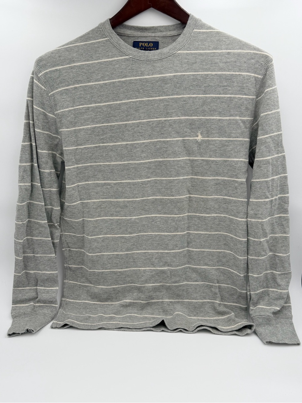 Polo by Ralph Lauren Gray and White Striped Long-Sleeve Crewneck